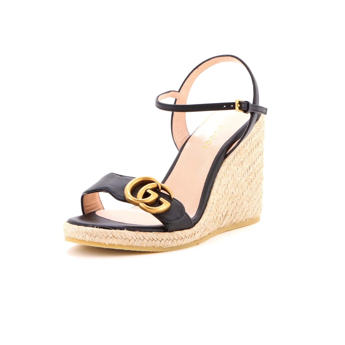 Gucci Women's Aitana Wedge Espadrilles Leather: Gucci Women's Aitana Wedge Espadrilles Leather Black leather Gucci Aitana Wedge Espadrilles with jute exterior, featuring aged gold hardware and excellent condition despite light wear. The shoes have 