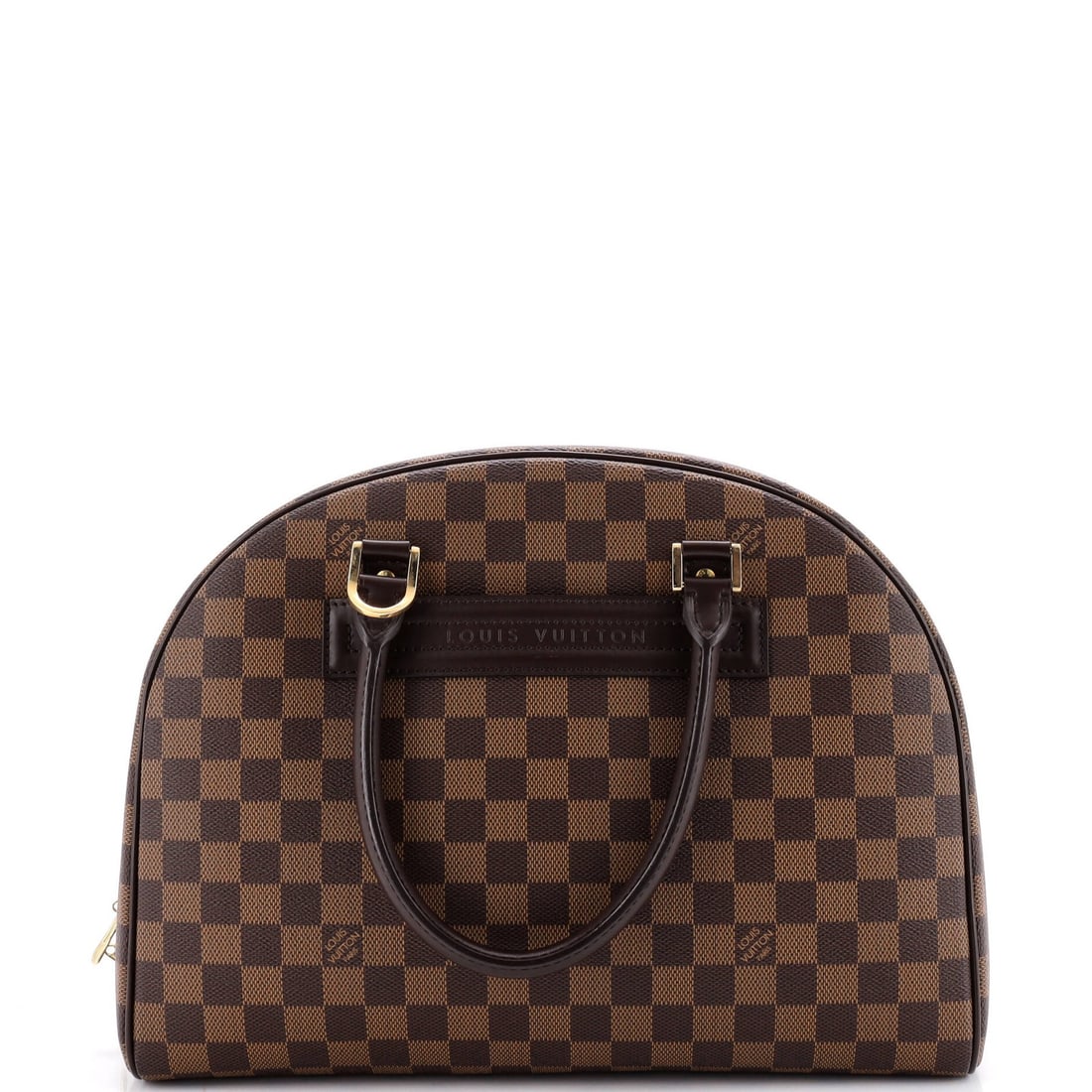 Louis Vuitton Nolita Satchel Damier: Louis Vuitton Nolita Satchel Damier Brown Louis Vuitton Nolita Satchel Damier with minor scuffs and creases, featuring gold hardware and red interior. The leather exterior is complemented by a
