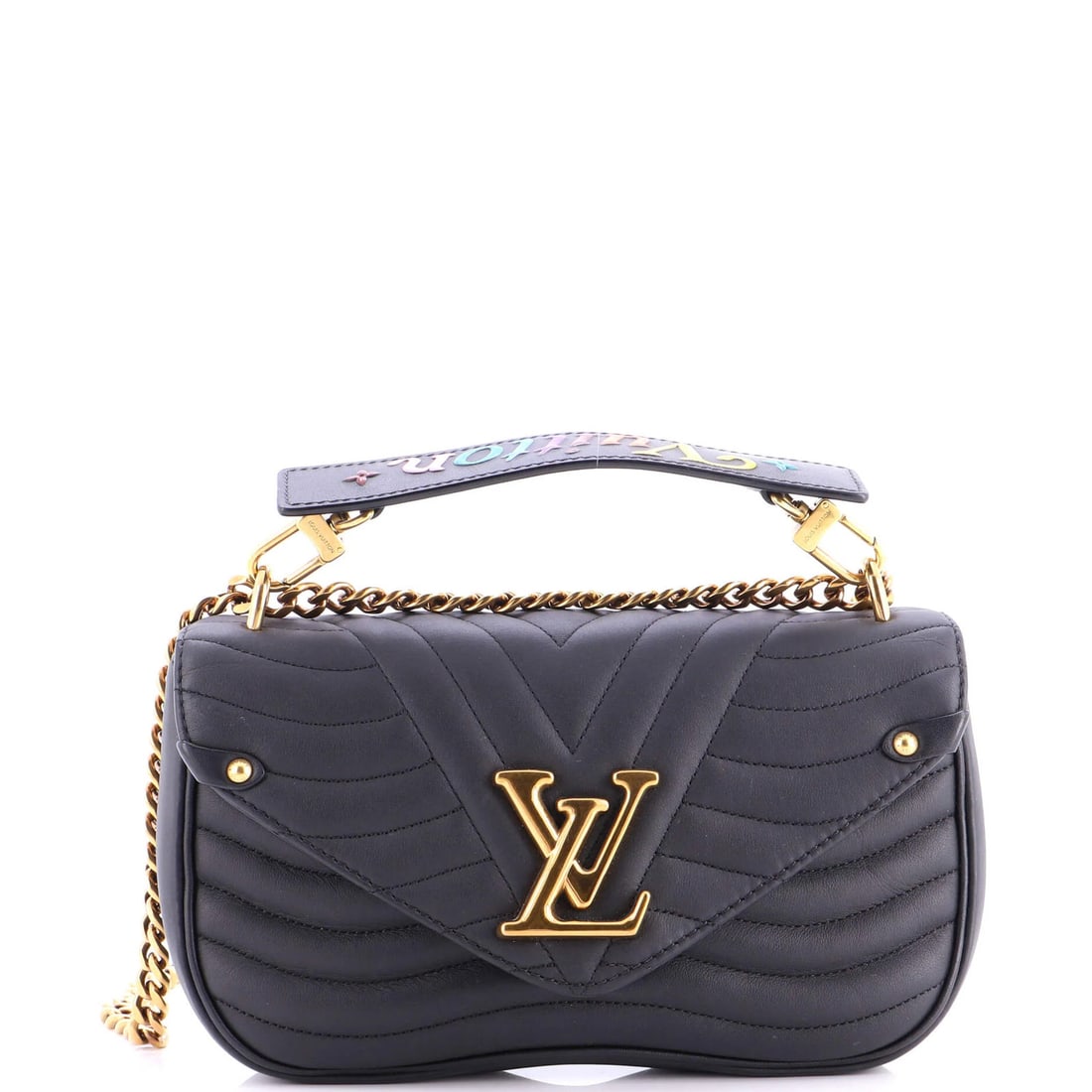 Louis Vuitton New Wave Chain Bag Quilted Leather MM: Louis Vuitton New Wave Chain Bag Quilted Leather MM The Louis Vuitton New Wave Chain Bag Quilted Leather MM boasts a sleek, all-black design with quilted leather exterior and gold hardware. Measuring 
