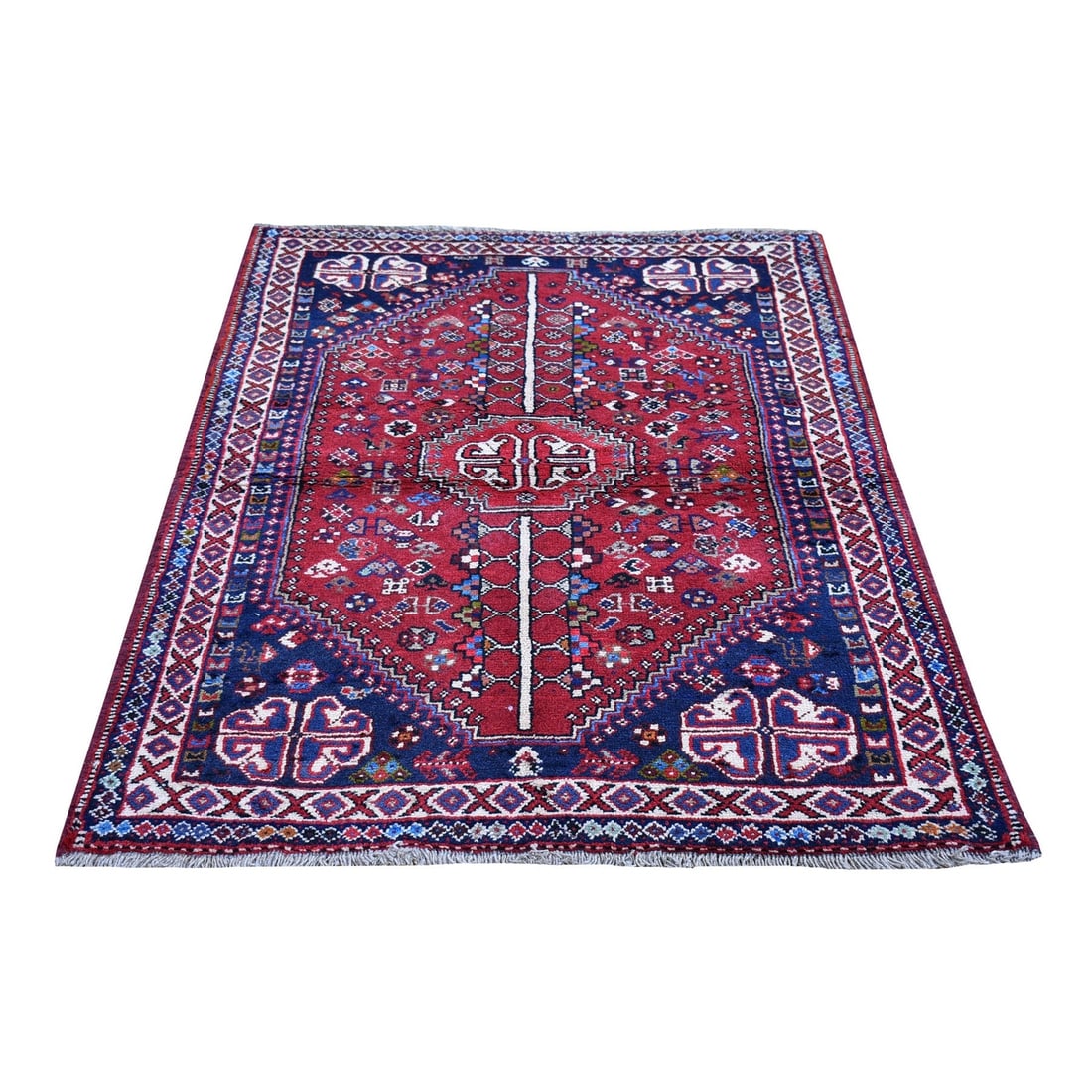 3'5"x5'4" New Farsian Sheeraz Geometric Design Pure Wool Hand Knotted Rug: 3'5"x5'4" New Farsian Sheeraz Geometric Design Pure Wool Hand Knotted Rug The Farsian Sheeraz Geometric Design Pure Wool Hand Knotted Rug boasts a striking red field with intricate geometric