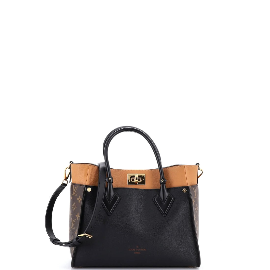 MM Monogram Canvas Leather Tote Side On Vuitton With: MM Monogram Canvas Leather Tote Side On Vuitton With Black MM Monogram Canvas Leather Tote with On My Side Style, featuring a classic Louis Vuitton design and premium leather construction. This