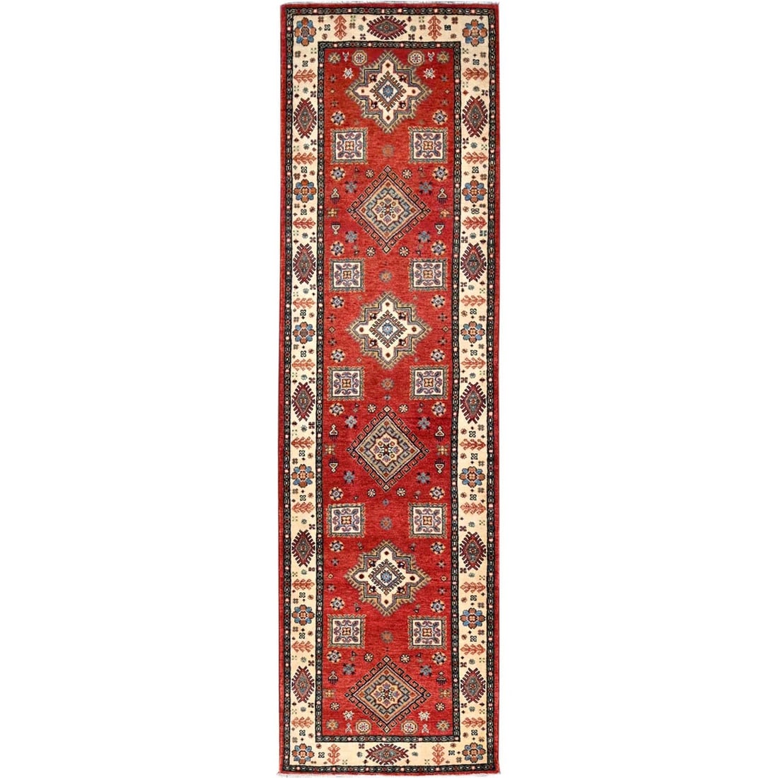 2'8"x9'6" Lattice Red Hand Knotted Afghan Special Kazak Wool Runner Rug: 2'8"x9'6" Lattice Red Hand Knotted Afghan Special Kazak Wool Runner Rug This stunning Kazak Type Afghan wool runner rug boasts an impressive size and striking red color, measuring 2'8" x 9'6". Hand kn