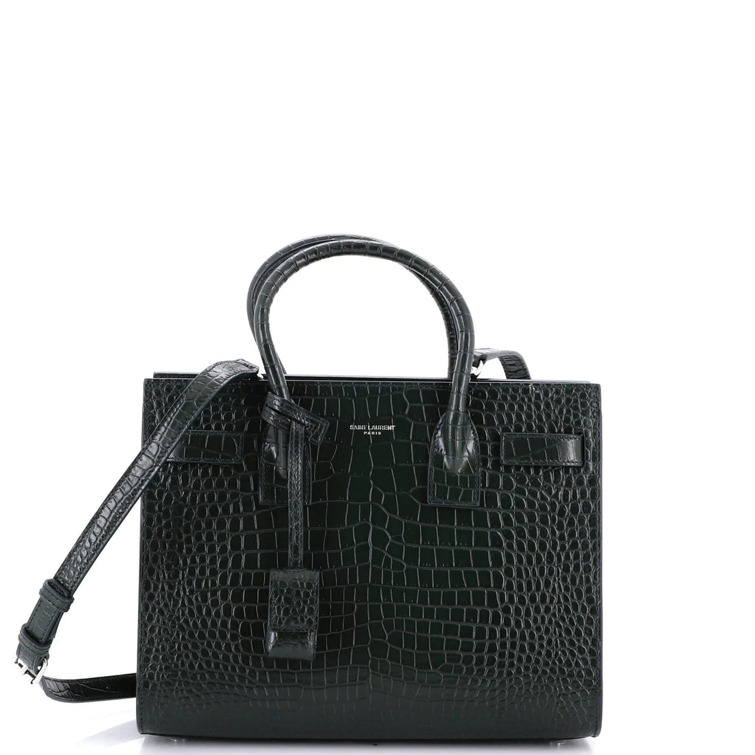 Saint Laurent Sac de Jour NM Bag Crocodile Embossed Leather Baby: Saint Laurent Sac de Jour NM Bag Crocodile Embossed Leather Baby Crocodile embossed leather adds a touch of luxury to the Saint Laurent Sac de Jour NM Bag, featuring a vibrant green exterior that
