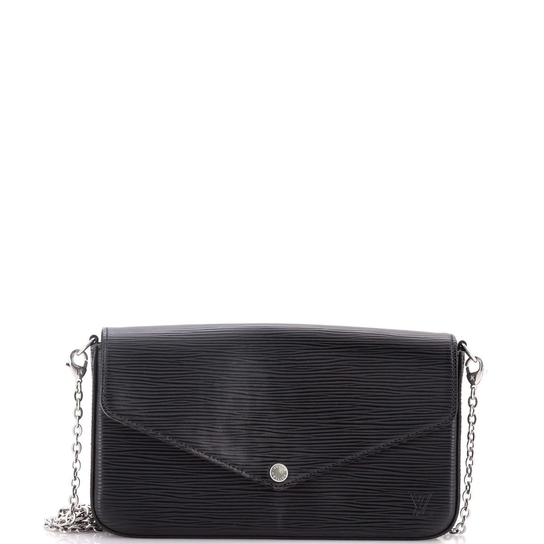 Felicie Pochette Epi Leather Louis Vuitton: Felicie Pochette Epi Leather Louis Vuitton Black leather Louis Vuitton Felicie Pochette Epi cross body bag with card holder and silver hardware. The exterior features scuffs, creases, and minor edge