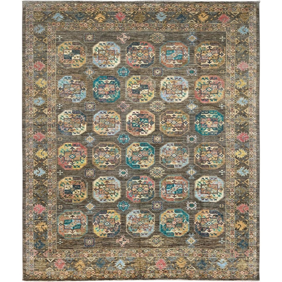 8'5"x10' Covert Green Kazak Dense Weave Tribal Medallion Oriental Rug: 8'5"x10' Covert Green Kazak Dense Weave Tribal Medallion Oriental Rug The 8'5"x10' Covert Green Kazak Dense Weave Tribal Medallion Oriental Rug boasts an impressive rectangular field with a flatweave