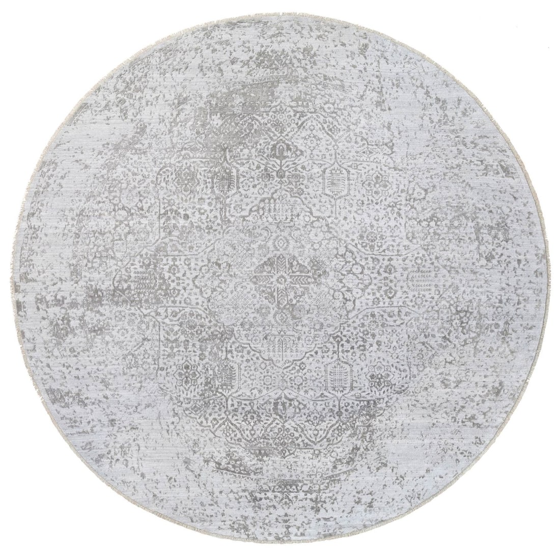 11'9"x11'9" Hand Knotted Gray Broken Farsian Design Wool/ Silk Round Rug: 11'9"x11'9" Hand Knotted Gray Broken Farsian Design Wool/ Silk Round Rug Hand-knotted with wool and silk, this stunning 11'9"x11'9" round rug boasts an intricate gray Broken Farsian design. Made from
