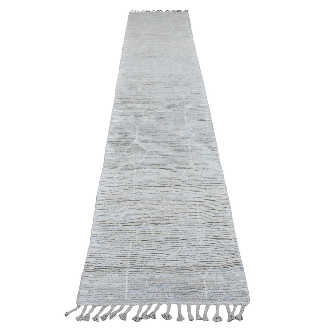 White Wool Geometric Moroccan Weave Hand Knotted Runner Rug 2'6"x12'9: White Wool Geometric Moroccan Weave Hand Knotted Runner Rug 2'6"x12'9 Hand-knotted in wool, this Moroccan-style runner rug boasts an elegant ivory color and intricate geometric pattern. Measuring 2'6"