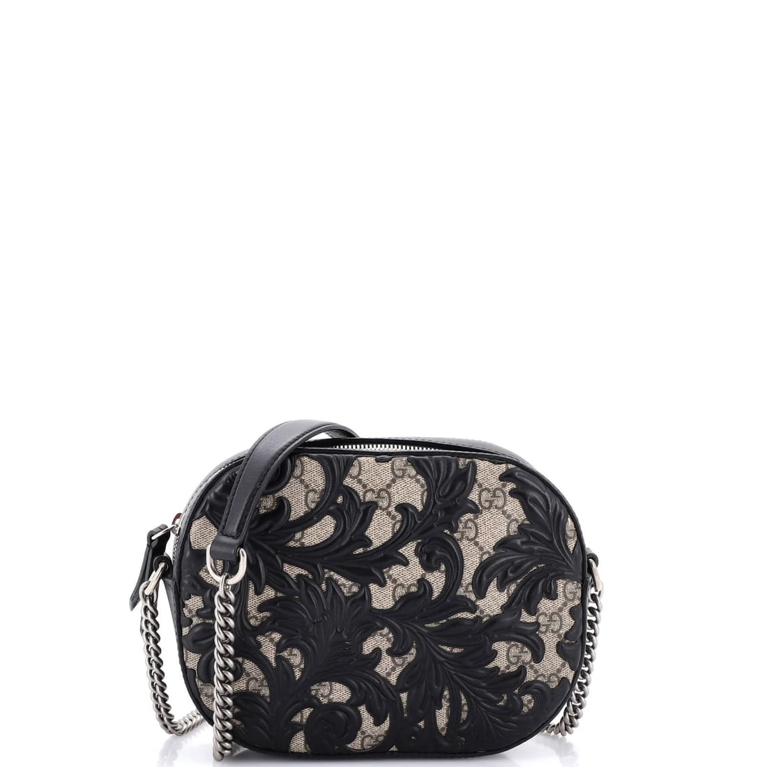 Chain crossbody bag canvas coated leather mini Gucci arabesque GG: Chain crossbody bag canvas coated leather mini Gucci arabesque GG Chain crossbody bag in black canvas coated leather with Arabesque GG design. Measuring 6" tall, 8" wide, and 2" deep, the mini style f