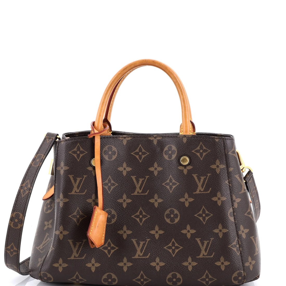 Handbag canvas monogram Louis Vuitton Montaigne: Handbag canvas monogram Louis Vuitton Montaigne Brown canvas monogram Louis Vuitton Montaigne handbag with top handle, featuring minor scuffs and creases. The bag boasts a classic design with gold