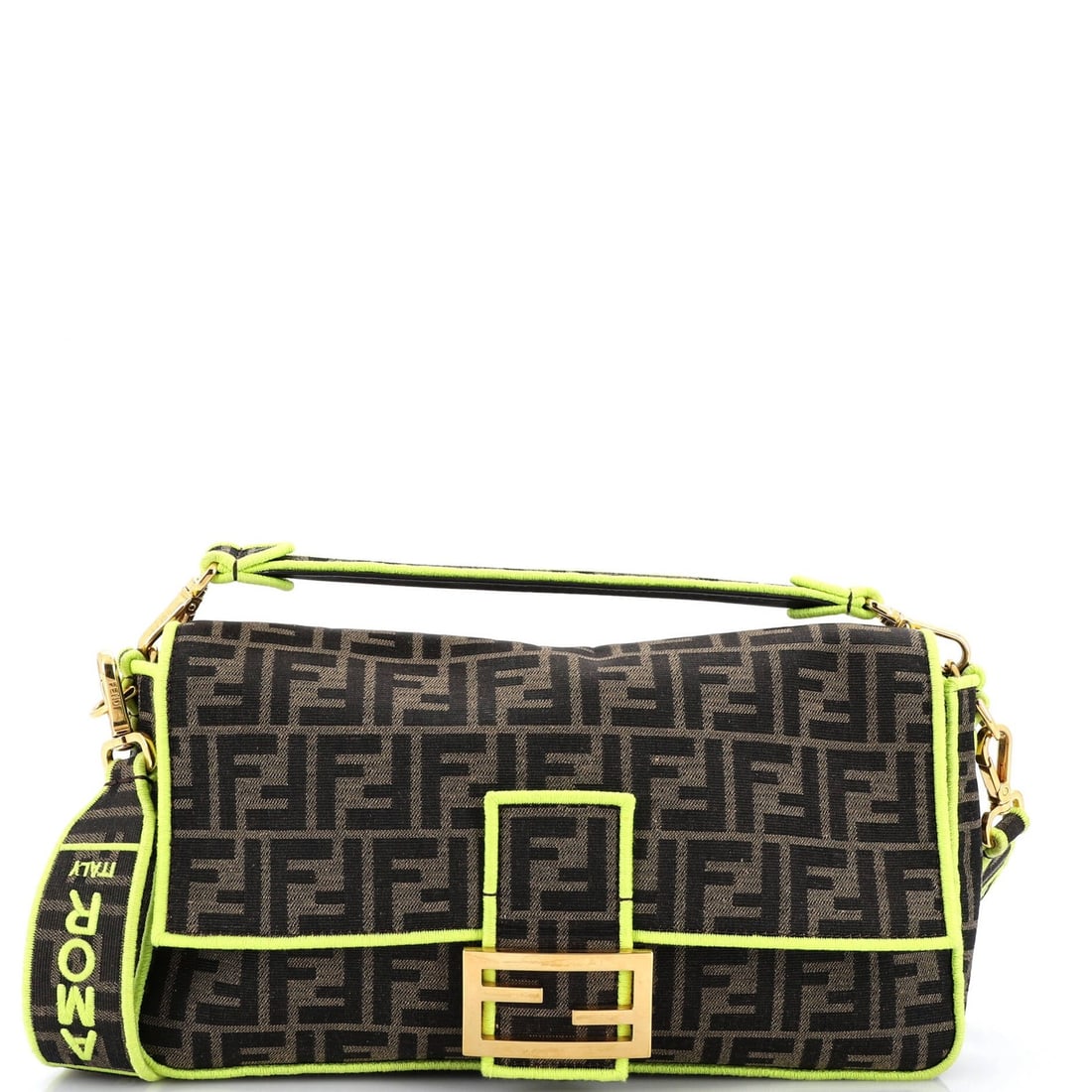 Baguette Large NM Canvas Fendi Zucca Bag: Baguette Large NM Canvas Fendi Zucca Bag Yellow Fendi Baguette Large Zucca Canvas Shoulder Bag with Extra Strap, featuring minor fraying and creases on the exterior. The bag boasts a classic design