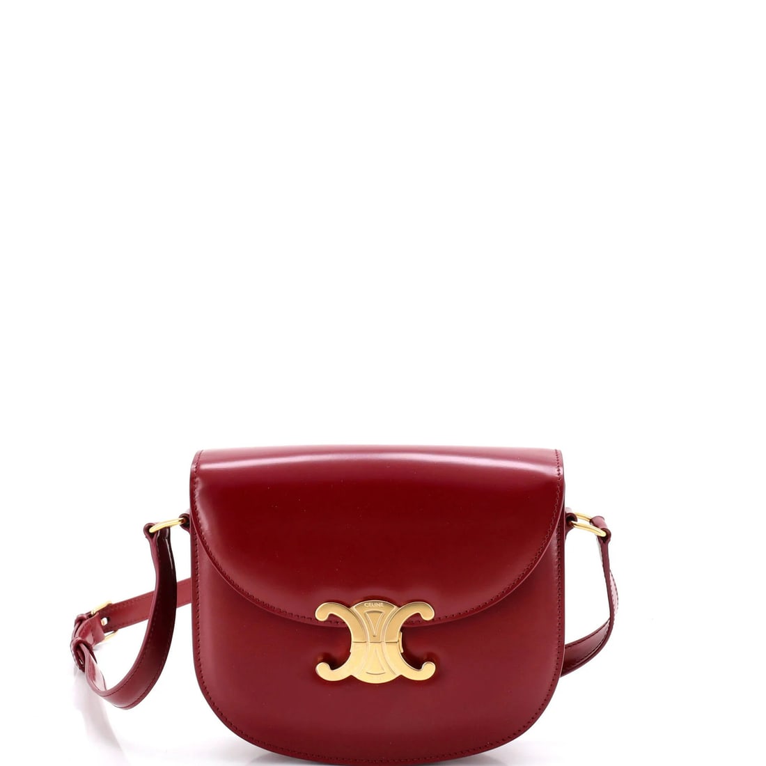 Celine Triomphe Besace Clea Flap Bag Leather: Celine Triomphe Besace Clea Flap Bag Leather The Celine Triomphe Besace Clea Flap Bag Leather is a stunning red leather shoulder bag with clean lines and classic design. Measuring 6" high, 7" wide,