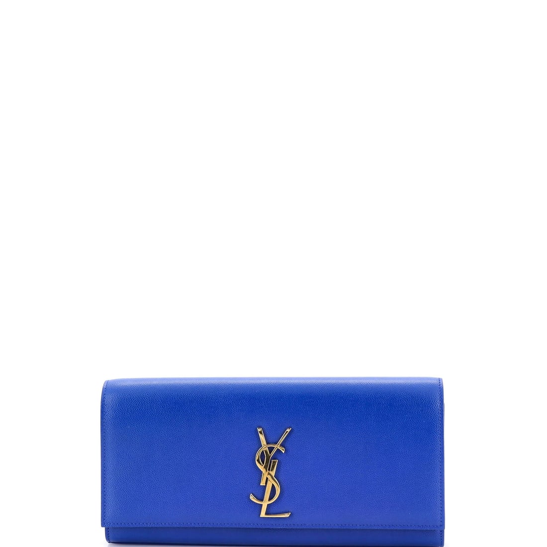 Classic monogram leather clutch by Saint Laurent: Classic monogram leather clutch by Saint Laurent This classic Saint Laurent monogram leather clutch boasts timeless elegance with its iconic blue exterior and gold hardware. Measuring 5" tall, the