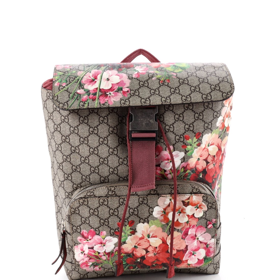 GG Coated Canvas Blooms Print Backpack Medium Gucci Buckle: GG Coated Canvas Blooms Print Backpack Medium Gucci Buckle This Gucci medium backpack features a stylish GG Coated Canvas Blooms Print design, adding a touch of luxury to your daily essentials. With i