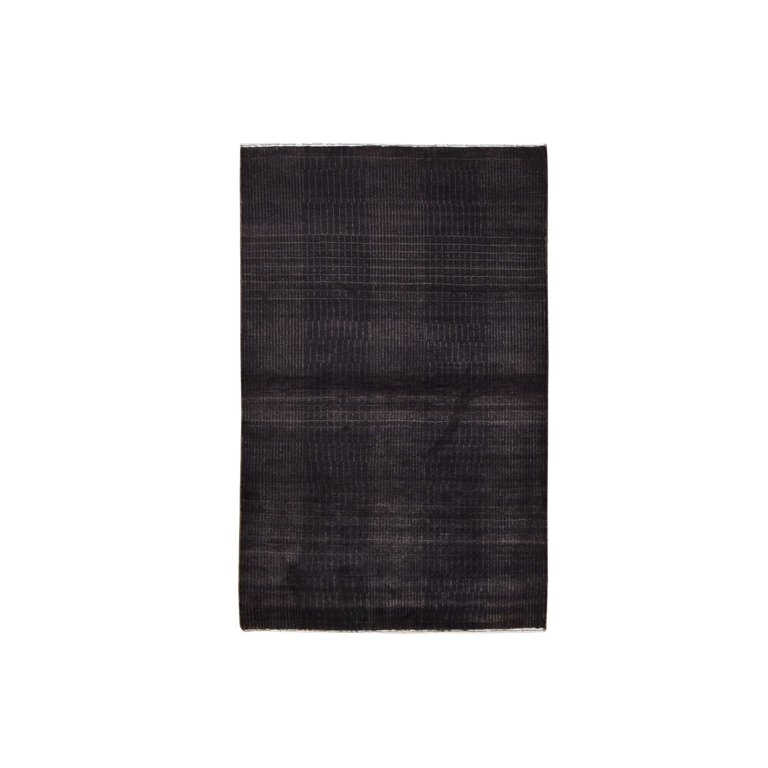 4'x6' Charcoal Brown Wool and Silk Tone on Tone Nepali Hand Knotted Rug: 4'x6' Charcoal Brown Wool and Silk Tone on Tone Nepali Hand Knotted Rug The 4'x6' Charcoal Brown Wool and Silk Tone on Tone Nepali Hand Knotted Rug boasts a rich, modern aesthetic with its rectangular