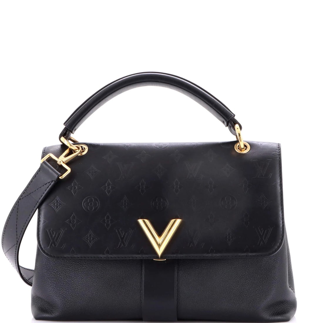 Leather Monogram One Handle Very Vuitton Louis: Leather Monogram One Handle Very Vuitton Louis Black leather Louis Vuitton one-handle satchel with monogram pattern, featuring gold hardware and microfiber interior in gray. The bag has a classic desi