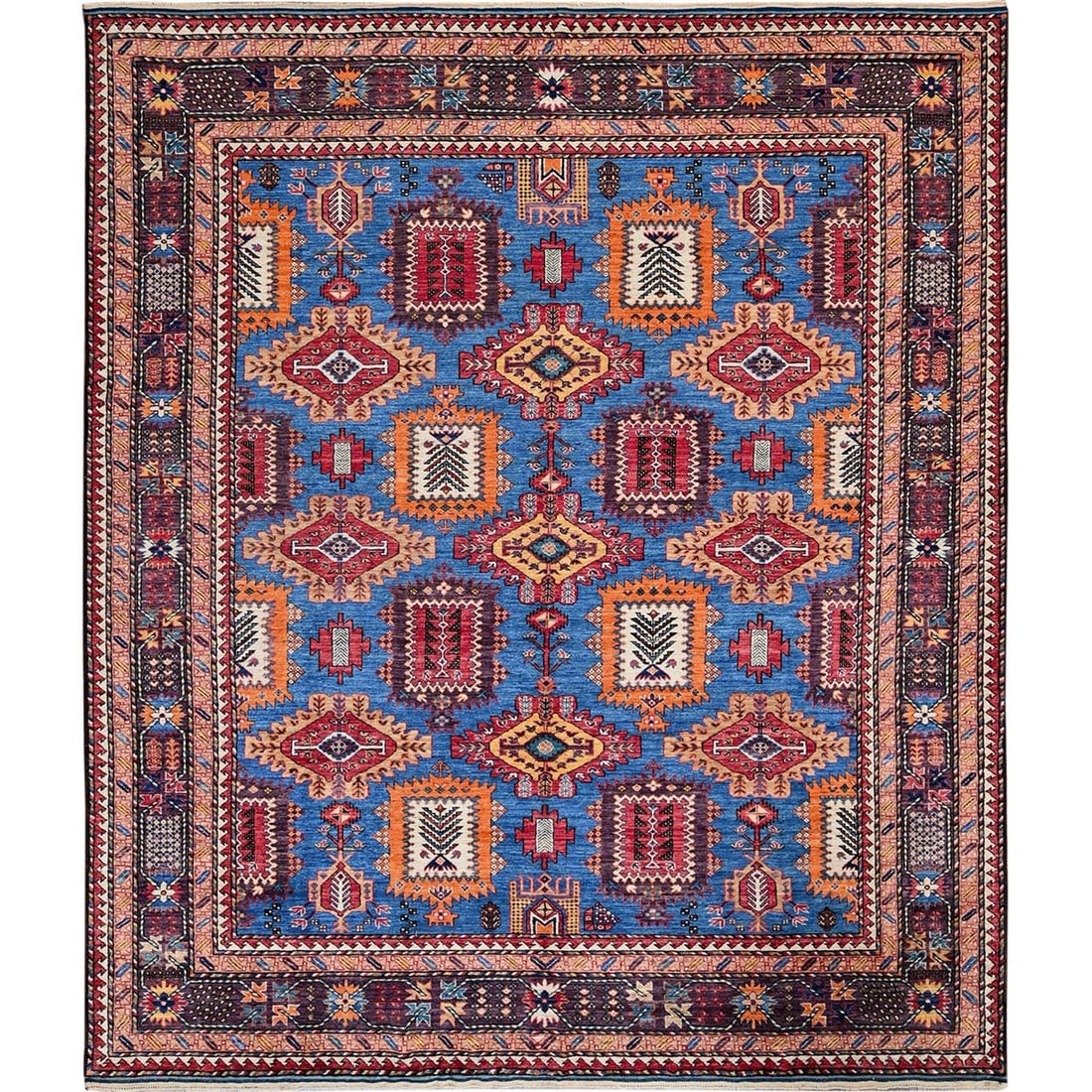 8'3"x9'6" Blue Afghan Ersari Caucasian Design Revival Hand Knotted Wool Rug (1 of 12)