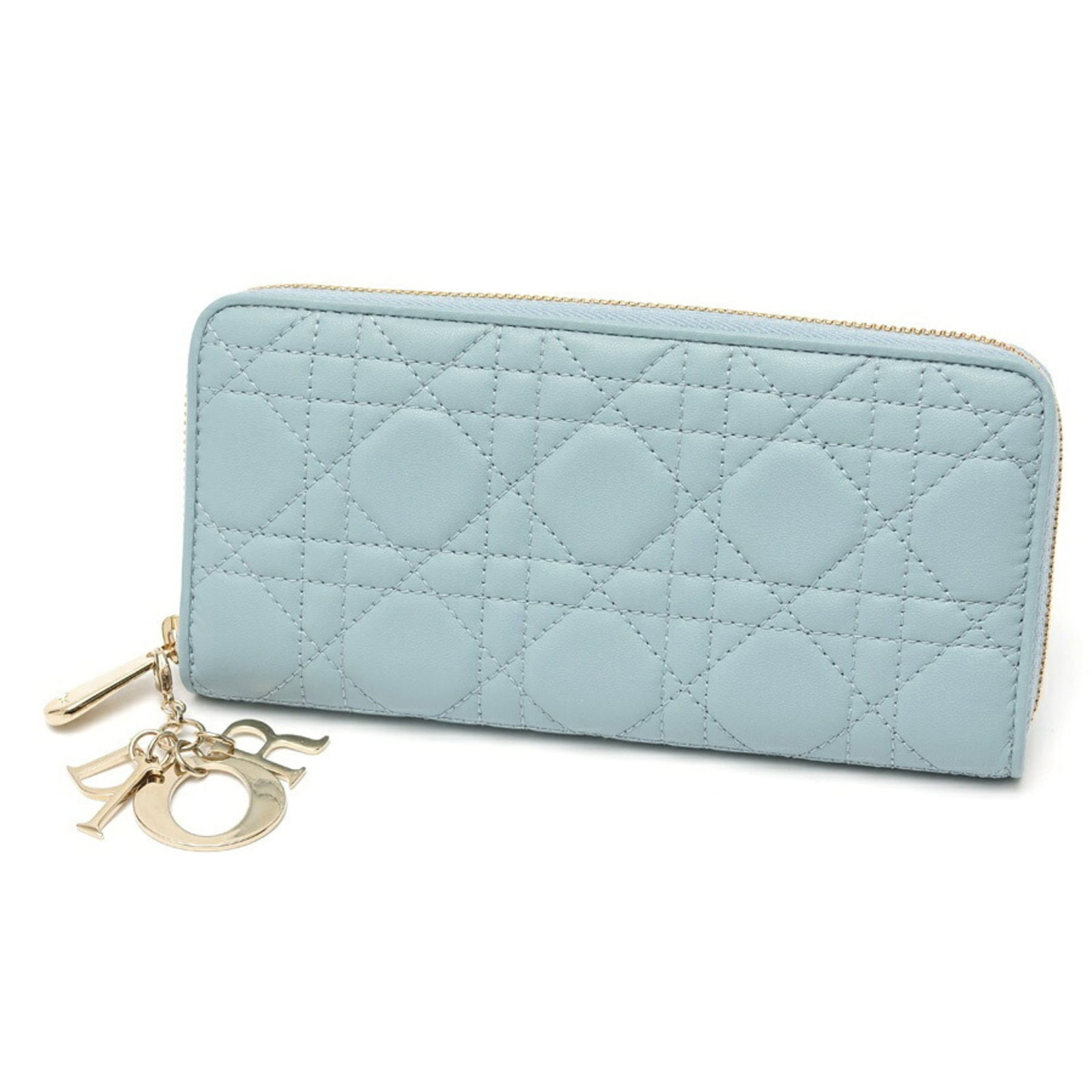 Christian Dior Long Wallet Bi Fold Leather: Christian Dior Long Wallet Bi Fold Leather The Christian Dior Long Wallet Bi Fold Leather boasts elegant design with its light blue lambskin exterior, complemented by a sophisticated bi-fold