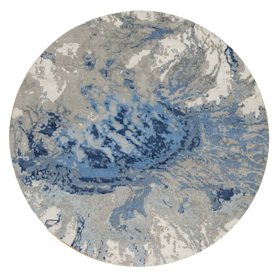 7'9"x7'9" Blue Abstract Galaxy Design Hand Knotted Wool & Silk Round Rug: 7'9"x7'9" Blue Abstract Galaxy Design Hand Knotted Wool & Silk Round Rug Blue Abstract Galaxy Design Hand Knotted Wool & Silk Round Rug features an intricate, hand-knotted pattern in shades of blue, l