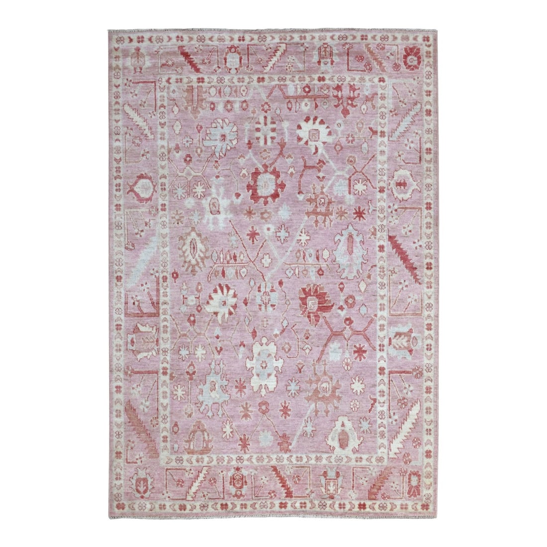 6'1"x8'10" Coral Pink Angora Oushak Pure Wool Hand Knotted Rug: 6'1"x8'10" Coral Pink Angora Oushak Pure Wool Hand Knotted Rug This stunning Coral Pink Angora Oushak Pure Wool Hand Knotted Rug boasts an impressive size, measuring 6'1" x 8'10". Its vibrant pink