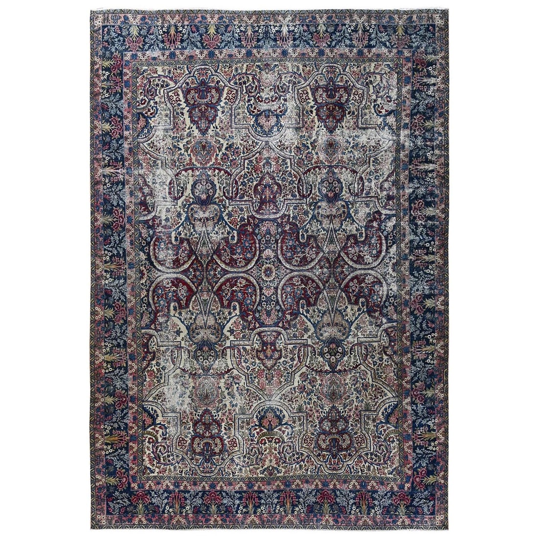 Rug 11'8"x17' Ivory Vintage Karman Zoroastrian Hand Knotted Pure Wool: Rug 11'8"x17' Ivory Vintage Karman Zoroastrian Hand Knotted Pure Wool This stunning 11'8"x17' Ivory Vintage Karman Zoroastrian Hand Knotted Pure Wool rug boasts an all-over regional design characteris