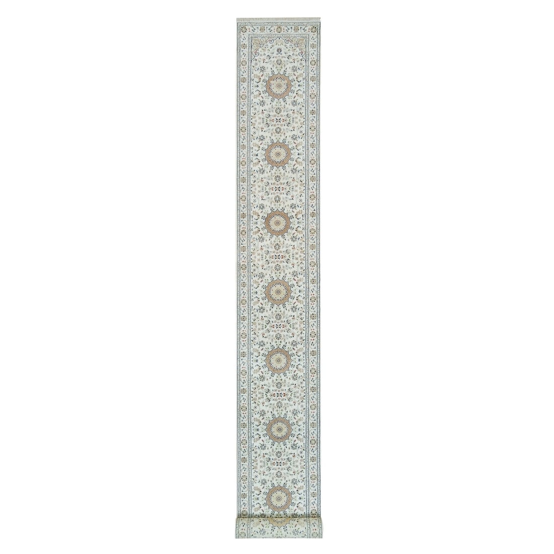 2'6"x20'6" White 250 KPSI Wool Hand Knotted Nain Design XL Runner Rug: 2'6"x20'6" White 250 KPSI Wool Hand Knotted Nain Design XL Runner Rug The Nain design rug boasts an impressive hand-knotted construction with wool pile, creating a unique and textured look. Measuring