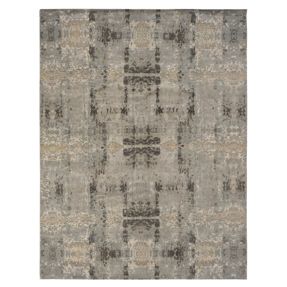 Gray Modern Wool and Silk Hand Knotted Nepali Weave Rug 9'x11'7: Gray Modern Wool and Silk Hand Knotted Nepali Weave Rug 9'x11'7 This stunning modern rug boasts a striking grey color and intricate hand-knotted design, woven from luxurious wool and silk. Measuring 9