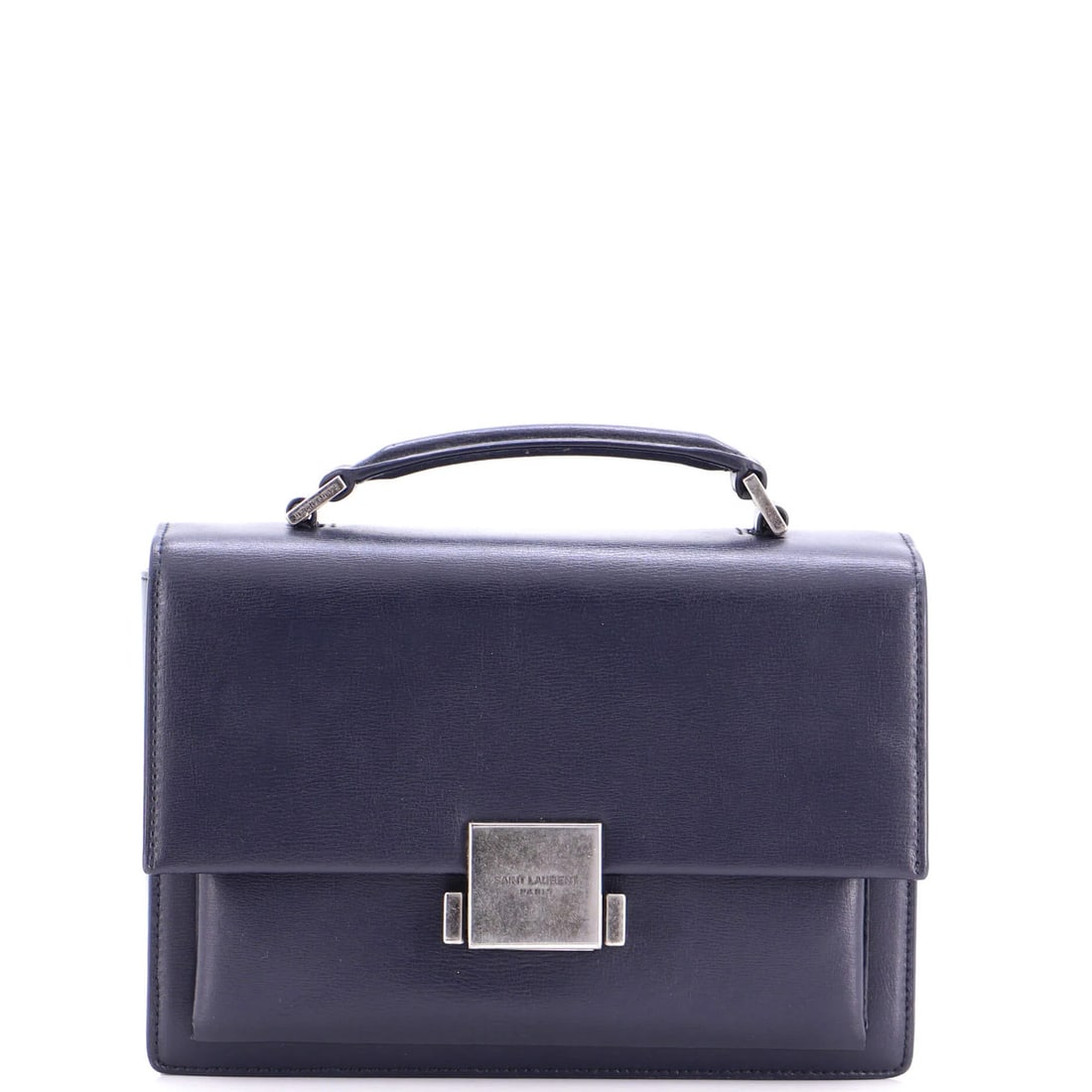 Saint Laurent Satchel Leather Medium Bellechasse: Saint Laurent Satchel Leather Medium Bellechasse Blue Saint Laurent Bellechasse Satchel with Leather Exterior and Interior, Measuring 6" Height x 8.5" Width x 3.5" Depth, Features Aged Silver