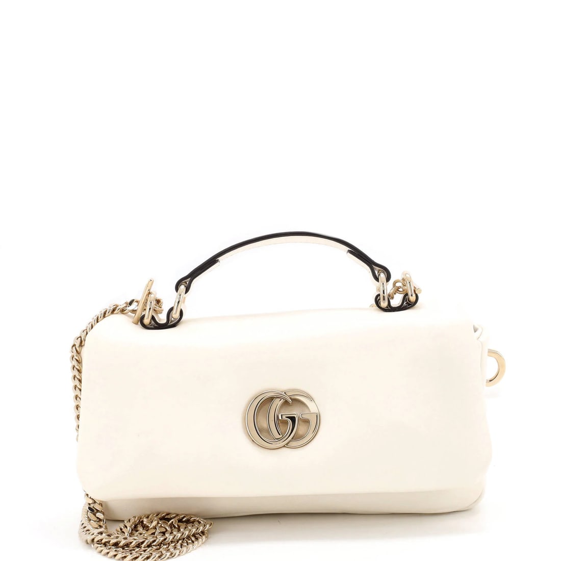 Gucci GG Milano Top Handle Bag Leather Mini: Gucci GG Milano Top Handle Bag Leather Mini White leather GG Milano Top Handle Bag from Gucci, featuring a mini size with gold tone hardware. The bag has scuffs and minor creases on the exterior,