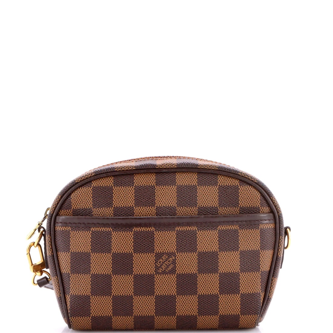 Louis Vuitton Ipanema Pochette Damier: Louis Vuitton Ipanema Pochette Damier The Louis Vuitton Ipanema Pochette Damier in brown canvas coated exterior is a stylish cross body bag with gold hardware. Measuring 5" tall, 6" wide, and 2"