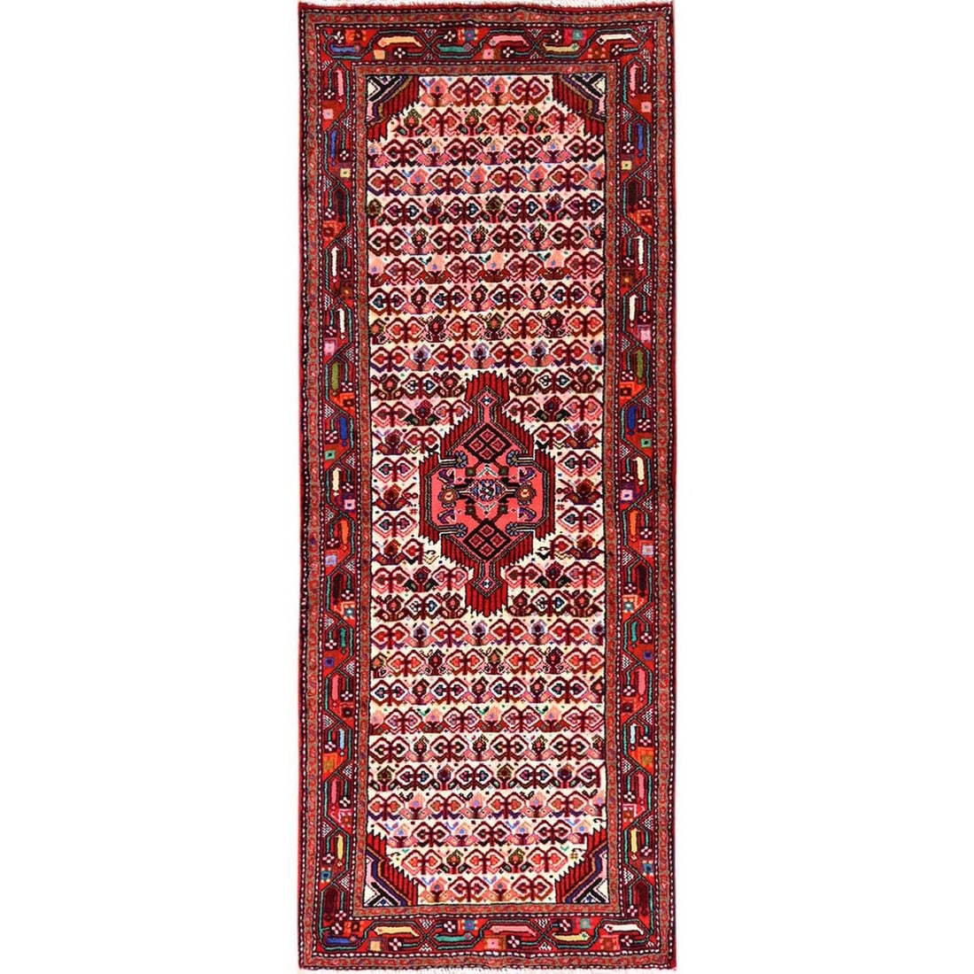2'4"x6'4" Ivory New Zoroastrian Saroogh Hand Knotted Soft Wool Runner Rug: 2'4"x6'4" Ivory New Zoroastrian Saroogh Hand Knotted Soft Wool Runner Rug Hand-knotted in soft wool, this stunning ivory Zoroastrian Saroogh runner rug boasts intricate medallion patterns and a rich,