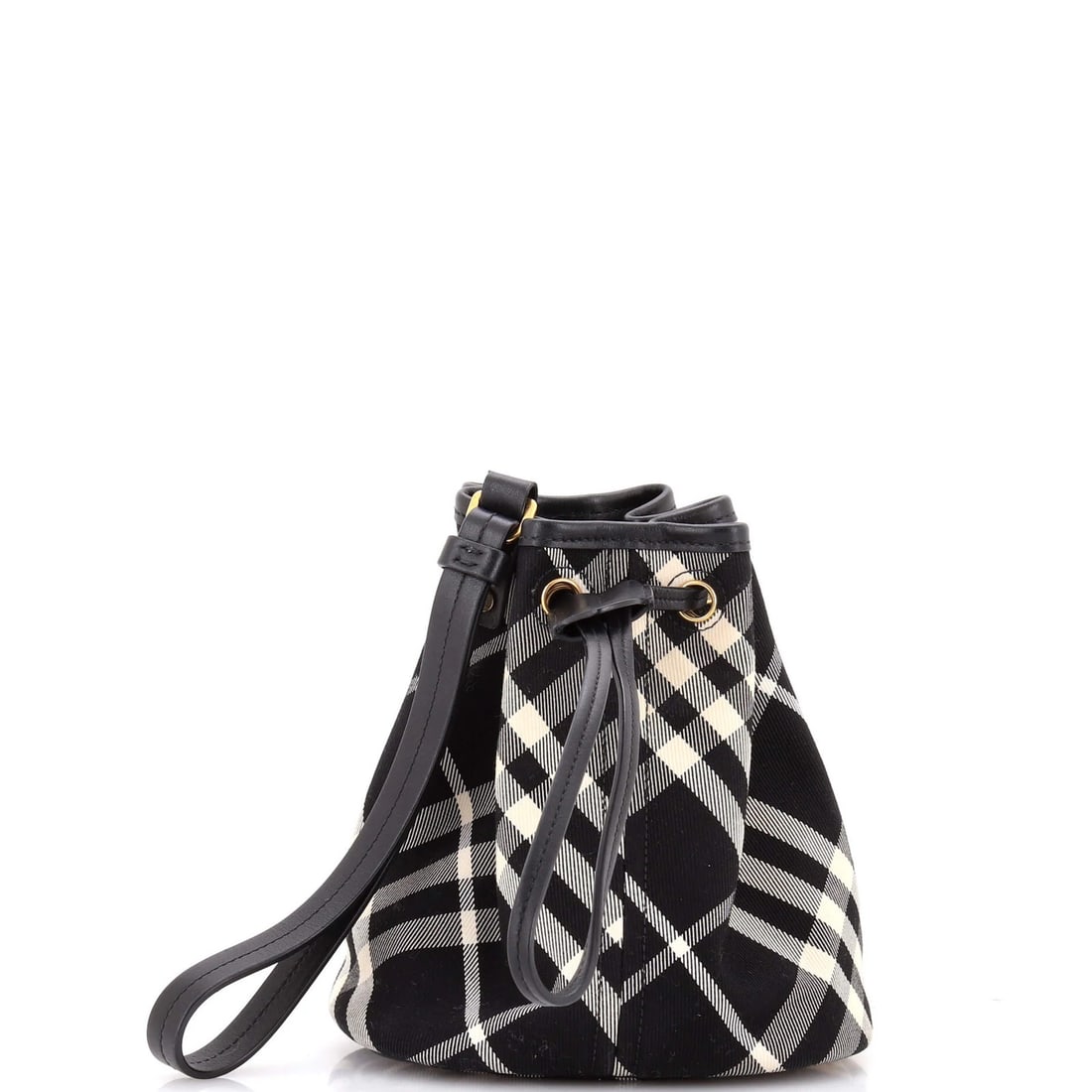 Check Canvas Bag Bucket Wristlet Mini Burberry: Check Canvas Bag Bucket Wristlet Mini Burberry Black canvas bucket bag with aged gold hardware, featuring a classic wristlet design and mini size. The exterior shows signs of wear, including corner