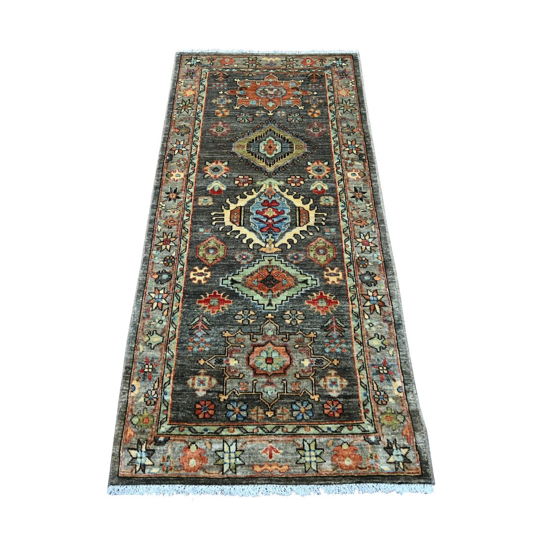 2'8"x6' Brown Peshawar with Karjihooz Design Hand Knotted Wool Runner Rug: 2'8"x6' Brown Peshawar with Karjihooz Design Hand Knotted Wool Runner Rug The Peshawar type rug boasts a stunning medallion design in rich brown hues, complemented by subtle accents of yellow, blue,