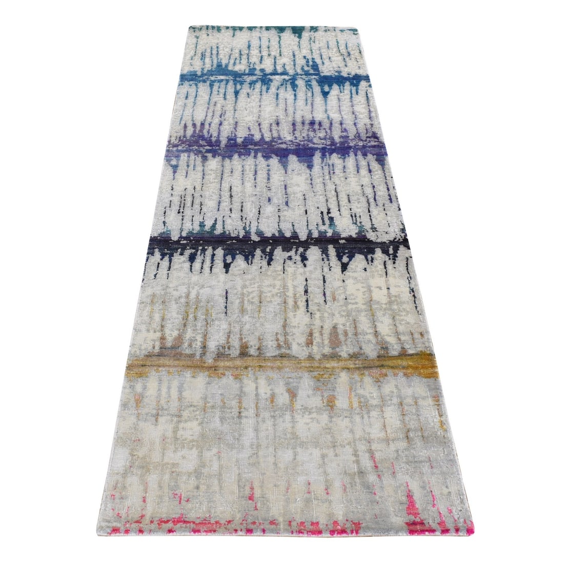 2'5"x8' Medium Gray THE CARDIAC Sari Silk with Wool Handmade Runner Rug: 2'5"x8' Medium Gray THE CARDIAC Sari Silk with Wool Handmade Runner Rug Silk and wool blend in a modern, hand-knotted runner rug with an oriental pattern. The medium gray color and grey border create