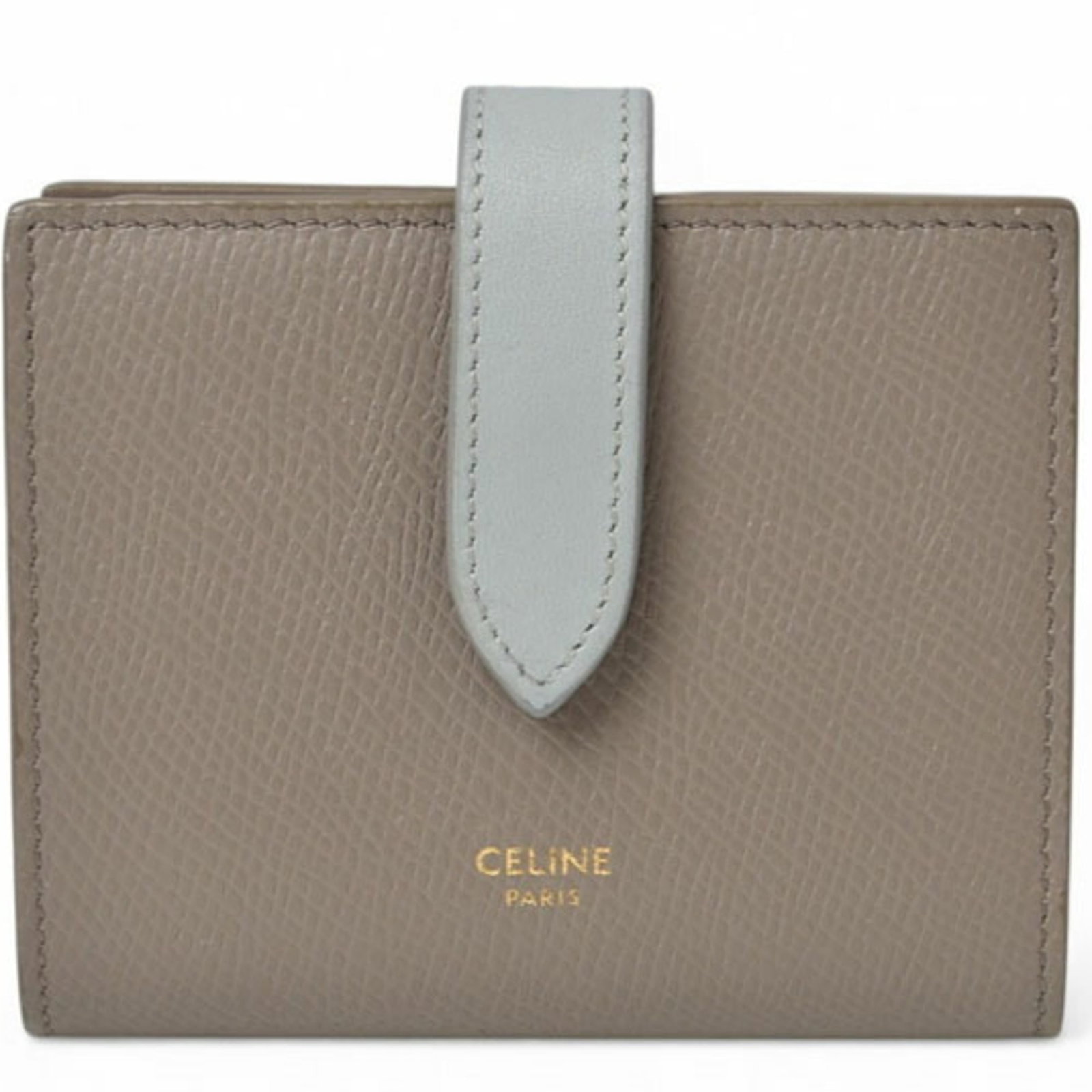 Leather wallet bi-fold Celine: Leather wallet bi-fold Celine This Celine leather bi-fold wallet features a stylish blue and gray color combination, measuring 9cm x 10.5cm x 3cm in size. Made from high-quality Italian leather, it