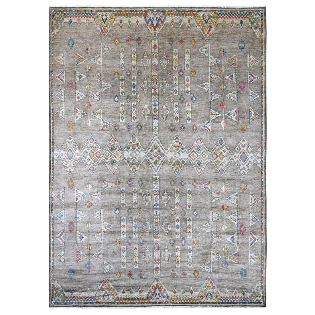 Stone Gray Moroccan Berber Influence Hand Knotted Wool Rug 10'1"x13'8: Stone Gray Moroccan Berber Influence Hand Knotted Wool Rug 10'1"x13'8 Stone Gray Moroccan Berber Influence Hand Knotted Wool Rug features a rectangular field with a geometric pattern, woven from
