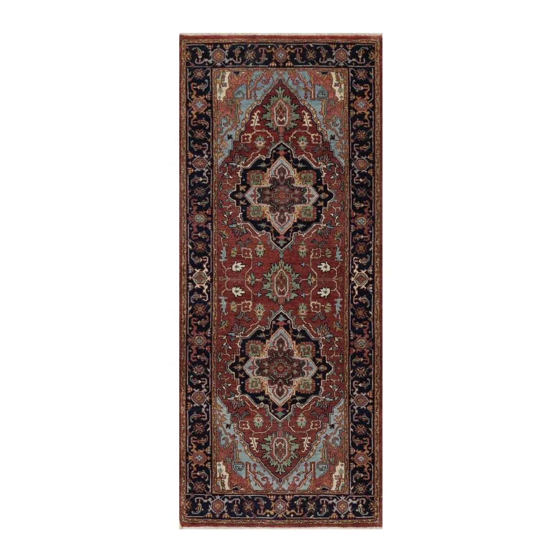 2'6"x6'2" Red Antiqued Heris Hand Knotted New Zealand Wool Runner Rug: 2'6"x6'2" Red Antiqued Heris Hand Knotted New Zealand Wool Runner Rug Hand-knotted in New Zealand wool, this stunning red antiqued Heris runner rug boasts a medallion regional design and intricate