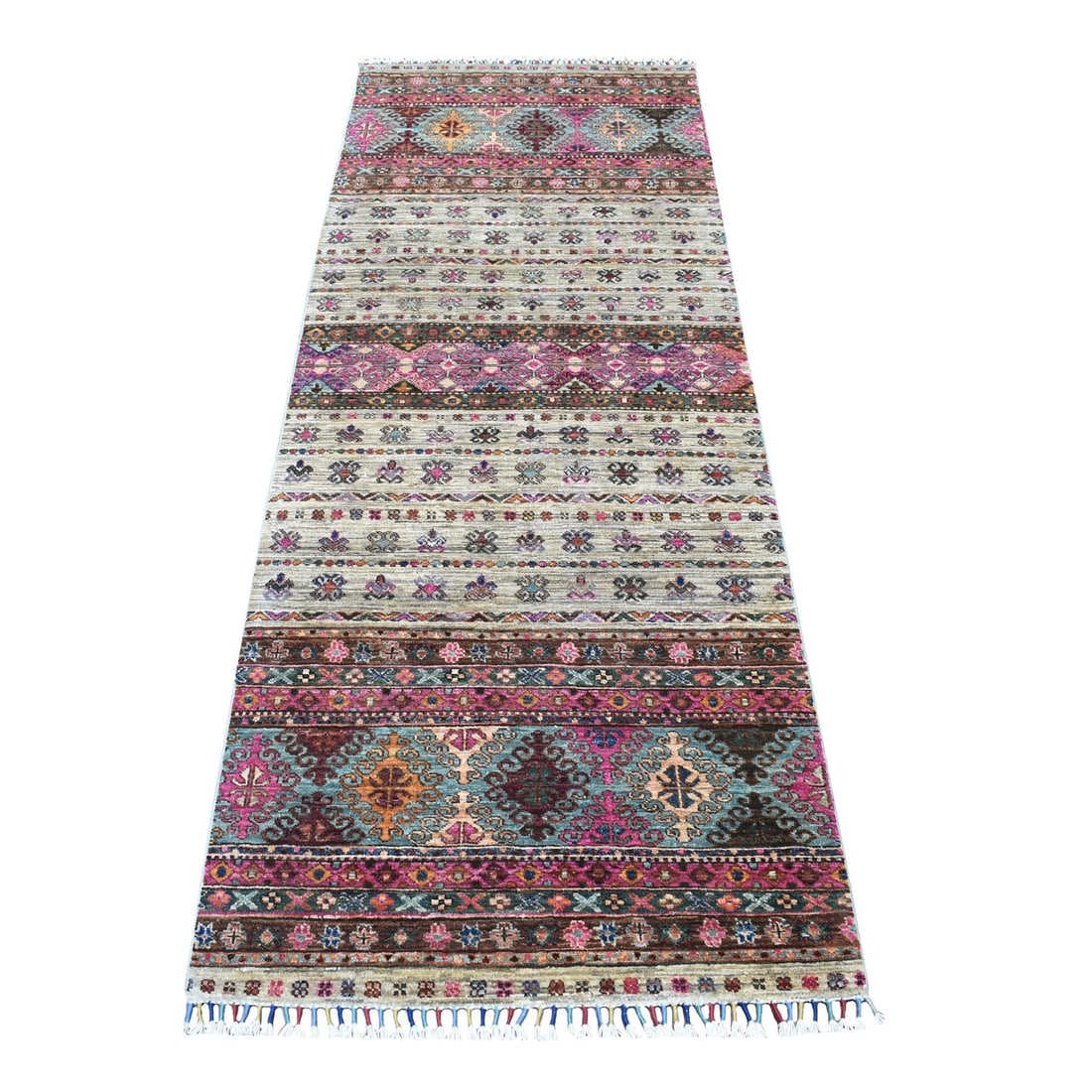2'9"x7'10" Hand Knotted Beige Super Kazak Khorjin Design Wool Runner Rug: 2'9"x7'10" Hand Knotted Beige Super Kazak Khorjin Design Wool Runner Rug Hand-knotted in Afghanistan, this stunning beige Super Kazak Khorjin design wool runner rug boasts an intricate Oriental