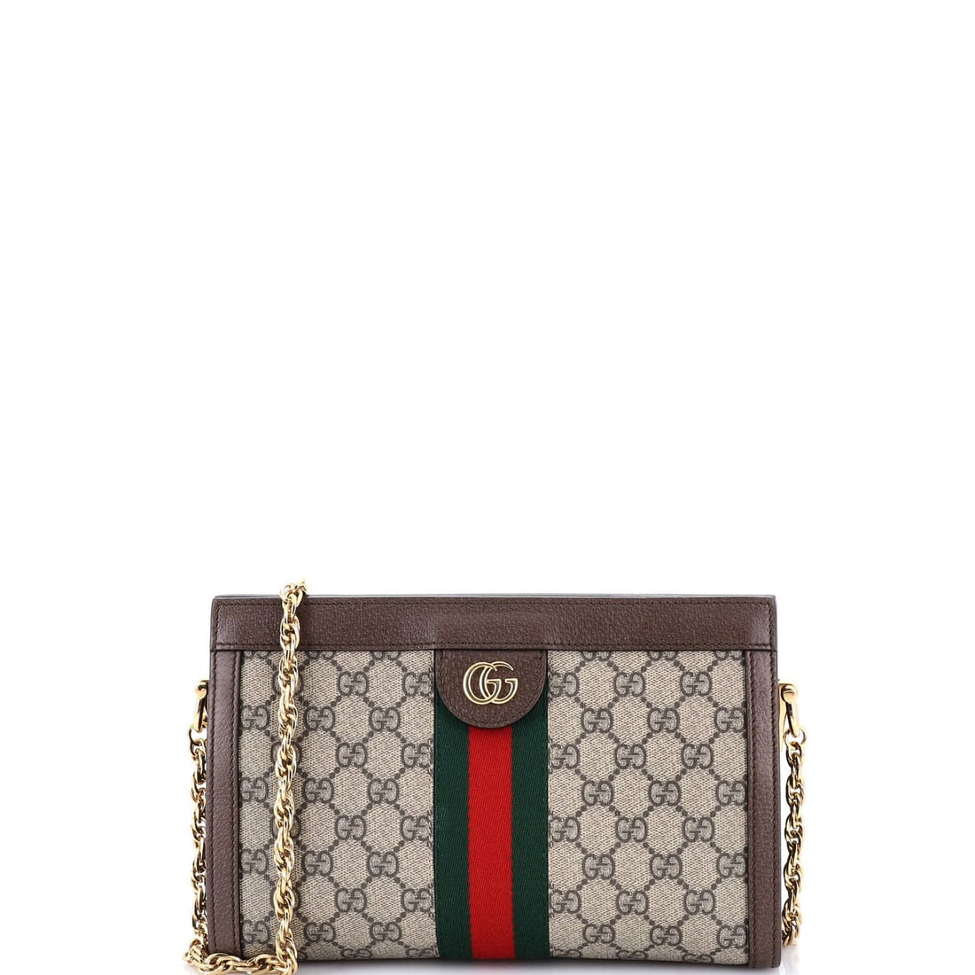 Small canvas coated bag chain Ophidia Gucci GG: Small canvas coated bag chain Ophidia Gucci GG Small canvas coated bag chain Ophidia Gucci GG in brown, featuring a cross body design with a satin blue interior and gold hardware. This small size