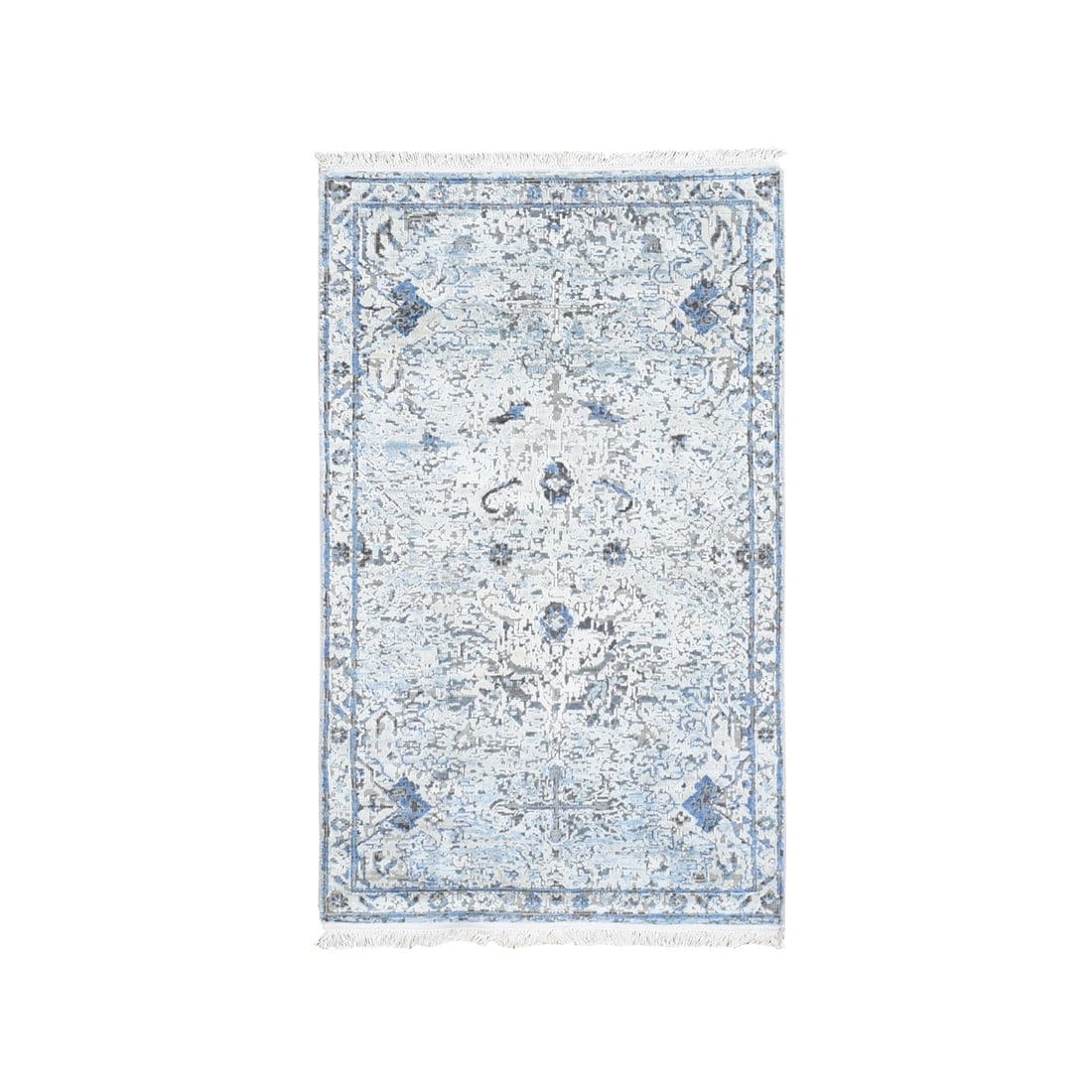 Ivory Distressed Oushak Silk with 3'x5' Pure Wool Hand Knotted Rug: Ivory Distressed Oushak Silk with 3'x5' Pure Wool Hand Knotted Rug Blue wool hand-knotted rug with a distressed oushak silk design, measuring 60" x 36". This unique piece features a distinctive blue