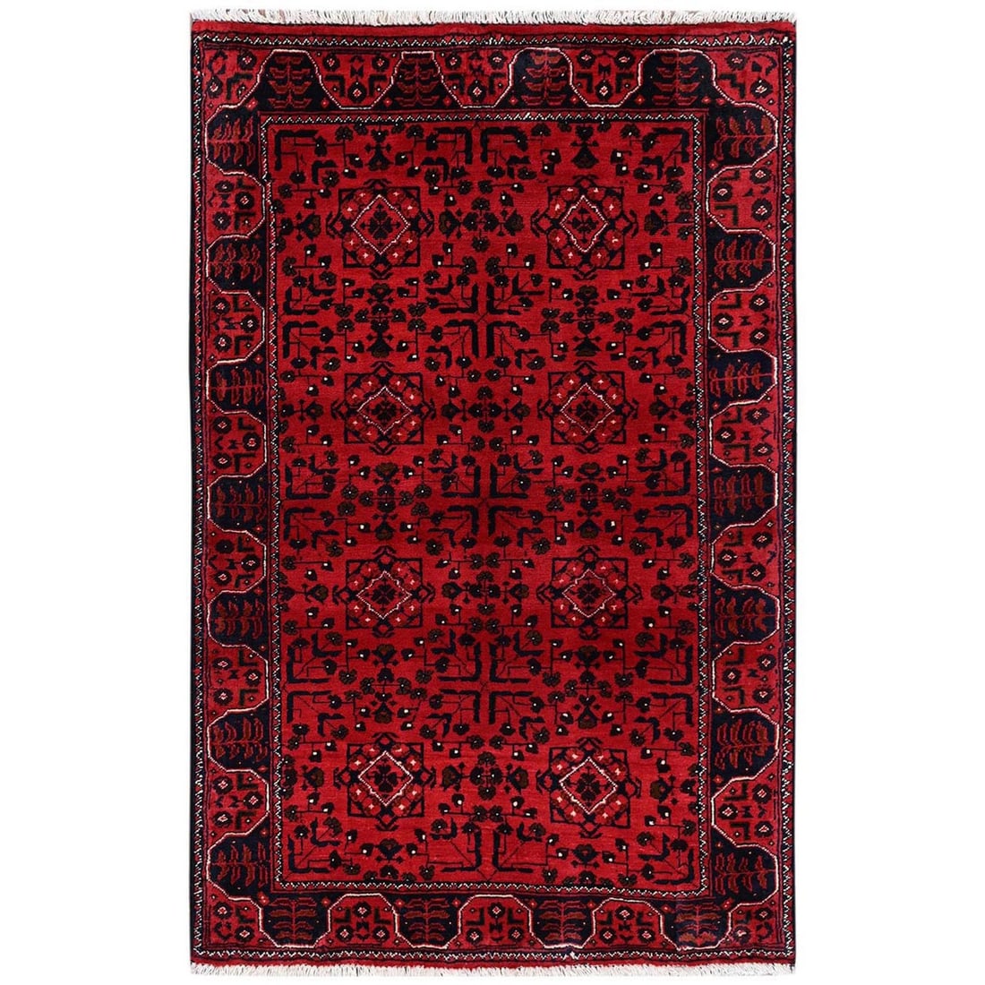 3'1"x4'10" Red Afghan Andkhoy with Tribal Motif Hand Knotted Soft Wool Rug: 3'1"x4'10" Red Afghan Andkhoy with Tribal Motif Hand Knotted Soft Wool Rug The Andkhoy rug boasts an all-over red tribal motif on a soft wool background, creating a striking visual effect.
