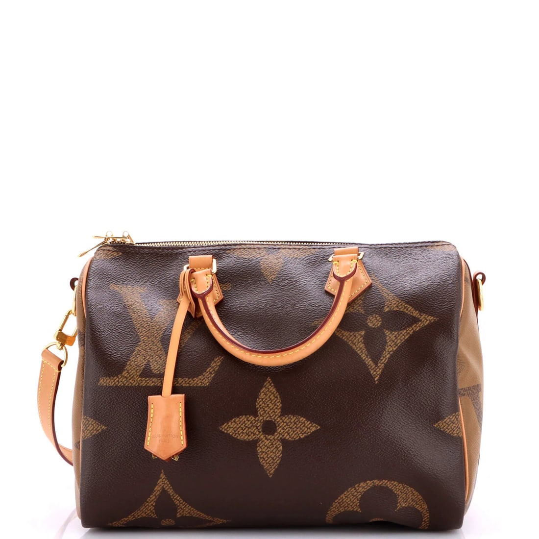 Speedy giant monogram reverse bandouliere bag Louis Vuitton: Speedy giant monogram reverse bandouliere bag Louis Vuitton The Louis Vuitton Speedy giant monogram reverse bandouliere bag boasts a classic design with a bold, brown canvas exterior and gold