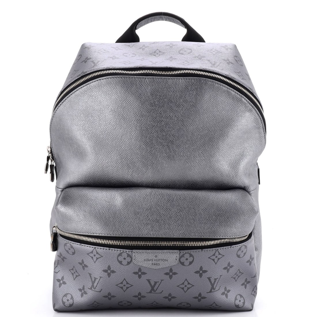 Taigarama Louis Vuitton Discovery Monogram PM Backpack: Taigarama Louis Vuitton Discovery Monogram PM Backpack Silver Taigarama Louis Vuitton Discovery Monogram PM Backpack with minor creases and scuffs on exterior, interior, and handles/straps. This
