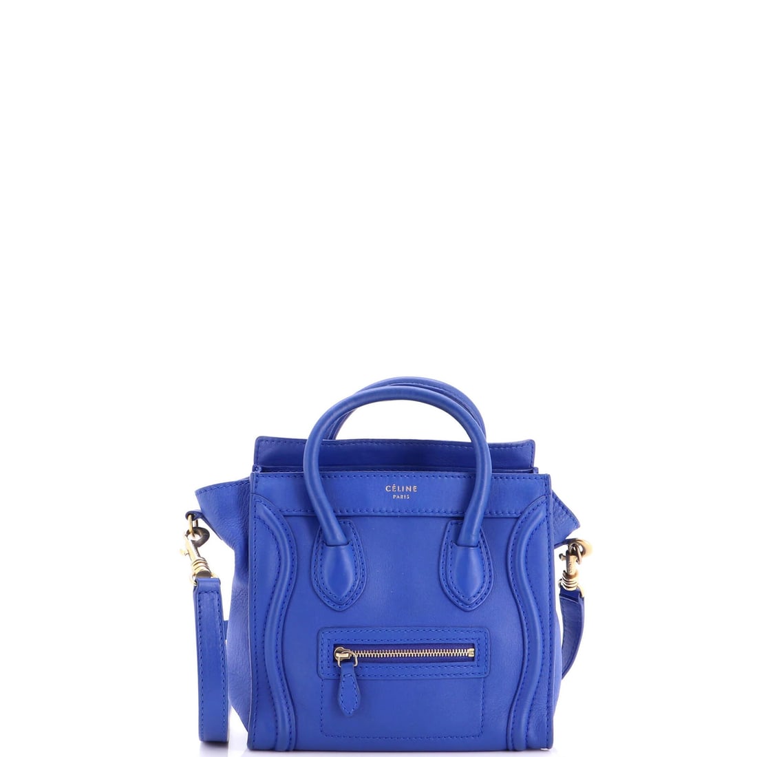 Smooth Leather Celine Nano Luggage Bag: Smooth Leather Celine Nano Luggage Bag Smooth leather exterior, blue color. Cross body design with gold hardware and black interior. Measures 8" height, 7.5" width, 4" depth. Item Specifics: Brand: