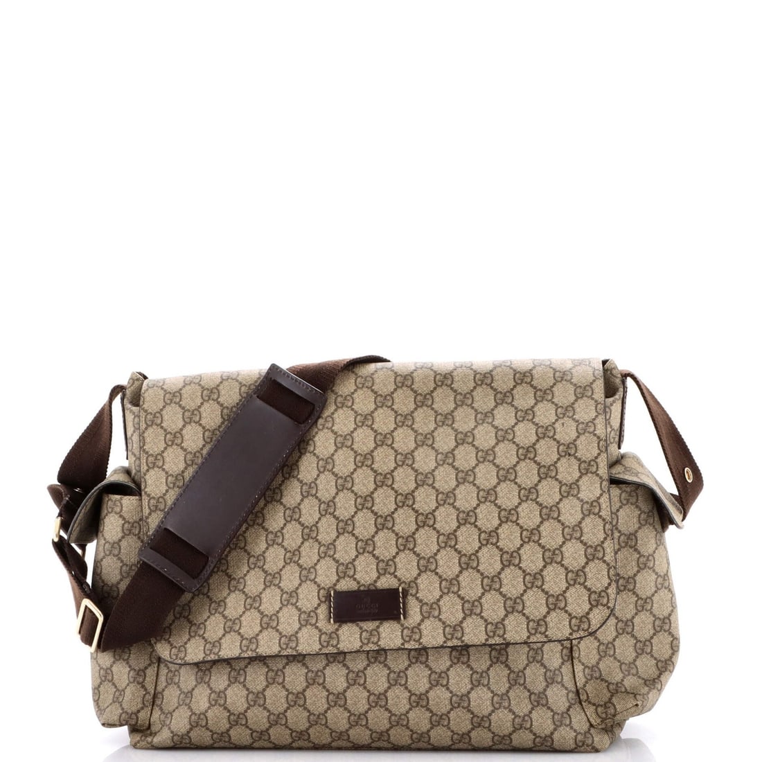 Gucci GG Coated Canvas Diaper Bag: Gucci GG Coated Canvas Diaper Bag Brown Gucci GG Coated Canvas Diaper Bag with Gold Hardware, featuring heavy corner wear and scuffs on the exterior. The interior boasts a brown fabric lining, while m