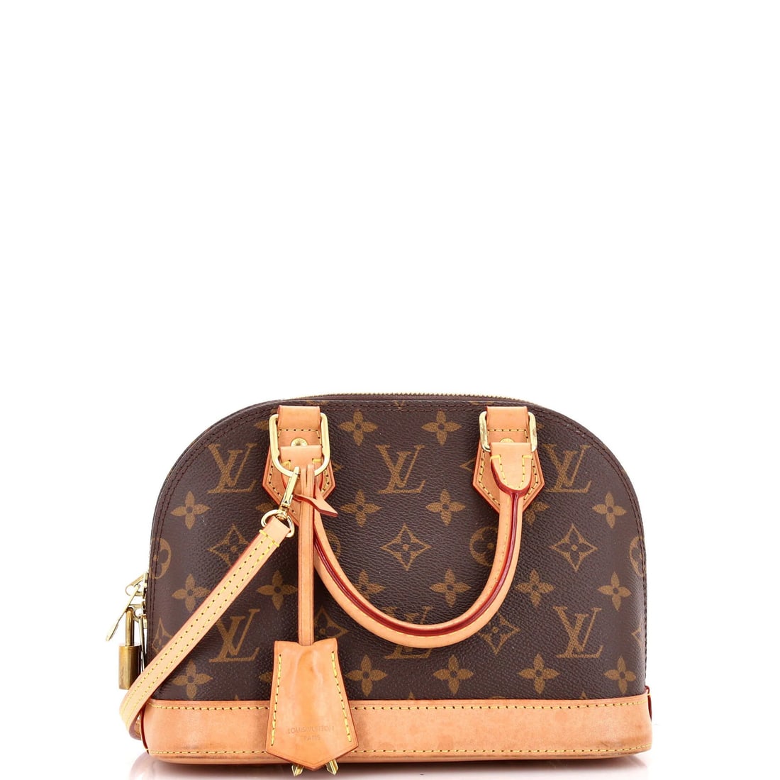 Vuitton Louis Alma Handbag Monogram Canvas BB: Vuitton Louis Alma Handbag Monogram Canvas BB Brown Louis Vuitton Alma Handbag Monogram Canvas BB features a classic cross body design with scuffs, creases, and edge wear on the exterior. The bag meas