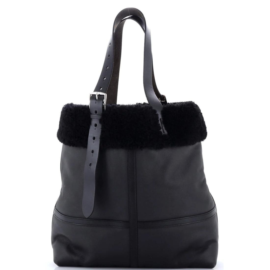Hermes Cristobal Vache Aviateur Etriviere Shopping Tote Bag with Hunter: Hermes Cristobal Vache Aviateur Etriviere Shopping Tote Bag with Hunter This Herm?s Cristobal Vache Aviateur Etriviere Shopping Tote Bag features a striking black shearling exterior, adorned with the 