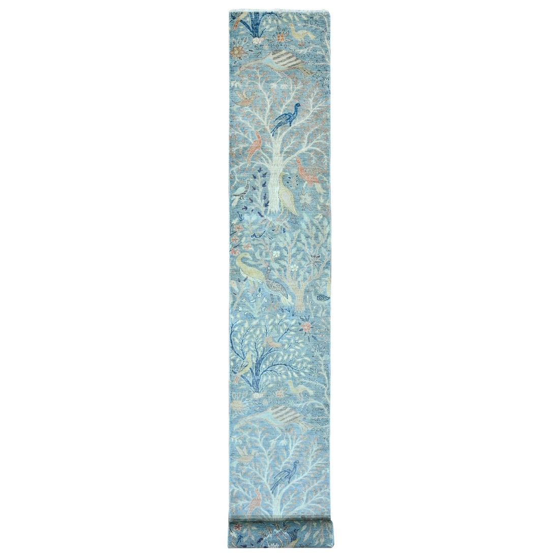 2'6"x25'4" Blue Afghan Peshawar Birds Design Wool Hand Knotted Runner Rug: 2'6"x25'4" Blue Afghan Peshawar Birds Design Wool Hand Knotted Runner Rug The Blue Afghan Peshawar Birds Design Wool Hand Knotted Runner Rug boasts an intricate, blue-hued design featuring birds in an