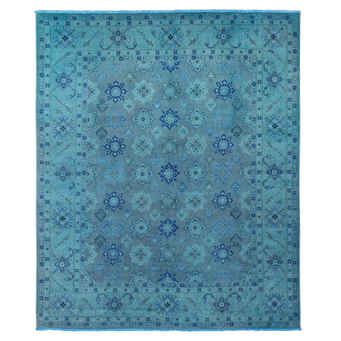 8'x9'8" Bayern Blue 100% Wool Overdyed Kazak Leaf Design Hand Knotted Rug: 8'x9'8" Bayern Blue 100% Wool Overdyed Kazak Leaf Design Hand Knotted Rug The Bayern Blue Kazak Leaf Design Hand Knotted Wool Rug boasts an stunning 8'x9'8" rectangular field with intricate blue and w