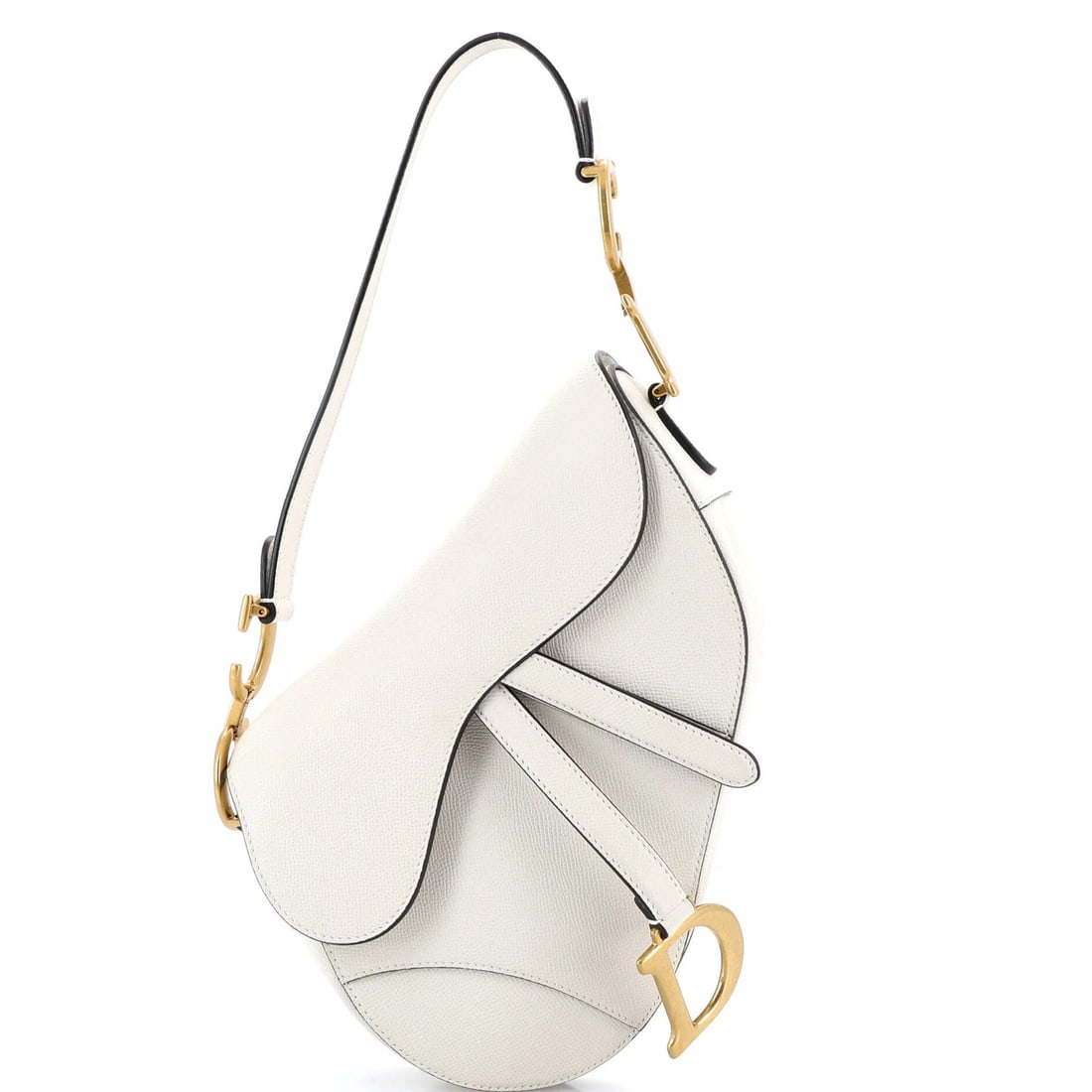 Christian Dior Saddle Leather Handbag Medium: Christian Dior Saddle Leather Handbag Medium White leather Christian Dior Saddle Medium shoulder bag with aged gold hardware, featuring microfiber interior and minor scuffs on handles. The bag has a c