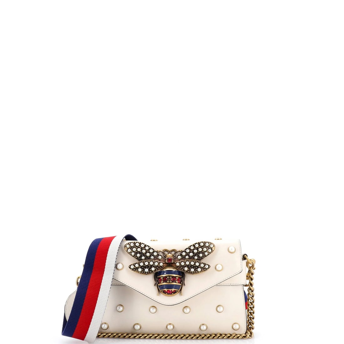 Shoulder bag embellished with pearly bee gucci leather mini: Shoulder bag embellished with pearly bee gucci leather mini The Gucci mini shoulder bag features pearly bee embellishments on its exterior, adding a touch of elegance to its neutral design. Made from